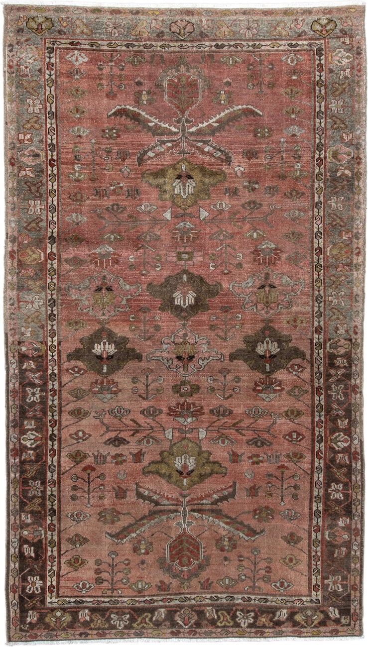 3' x 6' one-of-a-kind handmade vintage Malayer small size rug. Color palette: rose, brown, taupe, olive, ivory, rust, sage
