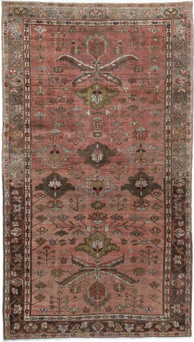 3' x 6' one-of-a-kind handmade vintage Malayer small size rug. Color palette: rose, brown, taupe, olive, ivory, rust, sage