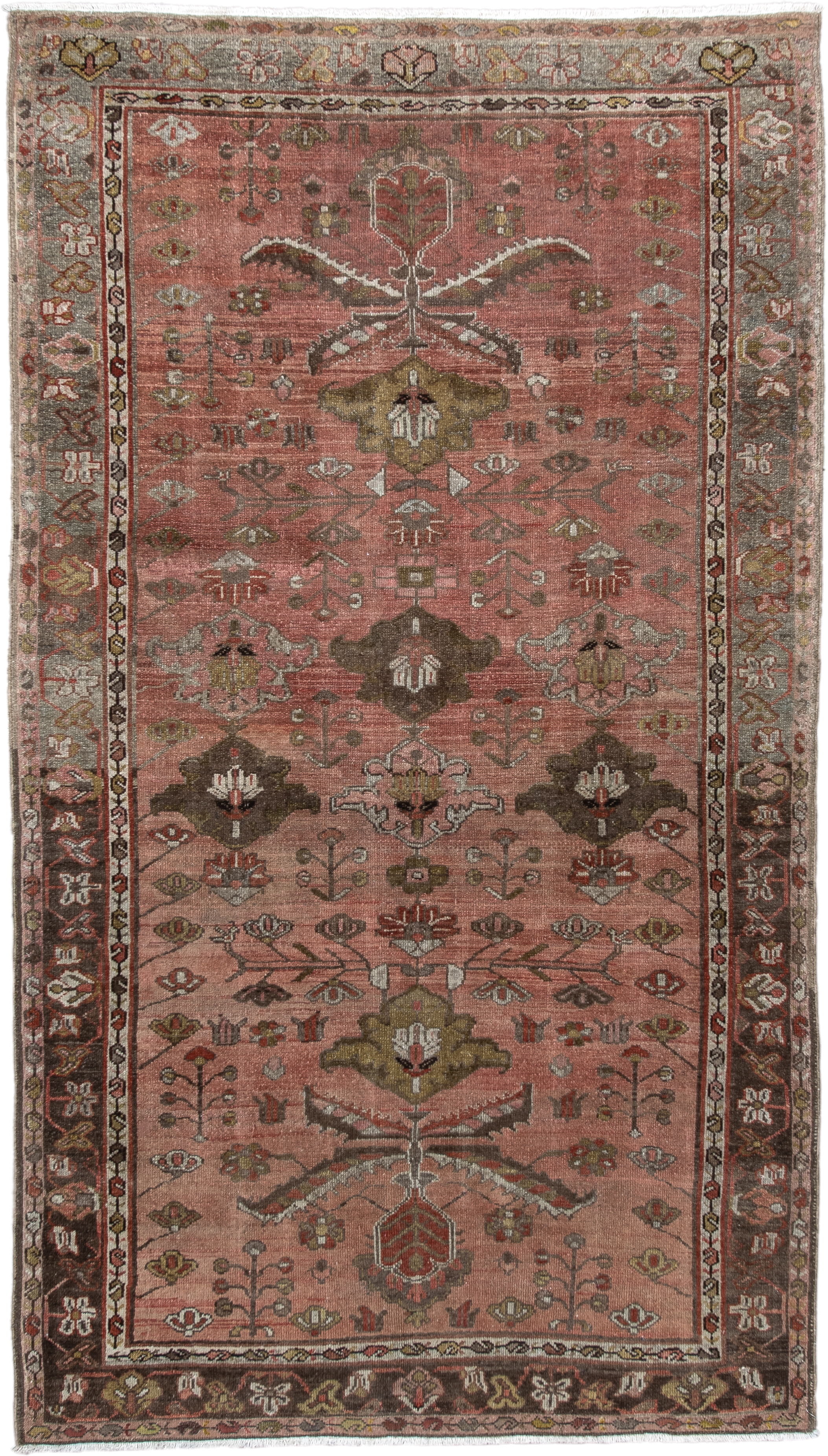 3' x 6' one-of-a-kind handmade vintage Malayer small size rug. Color palette: rose, brown, taupe, olive, ivory, rust, sage