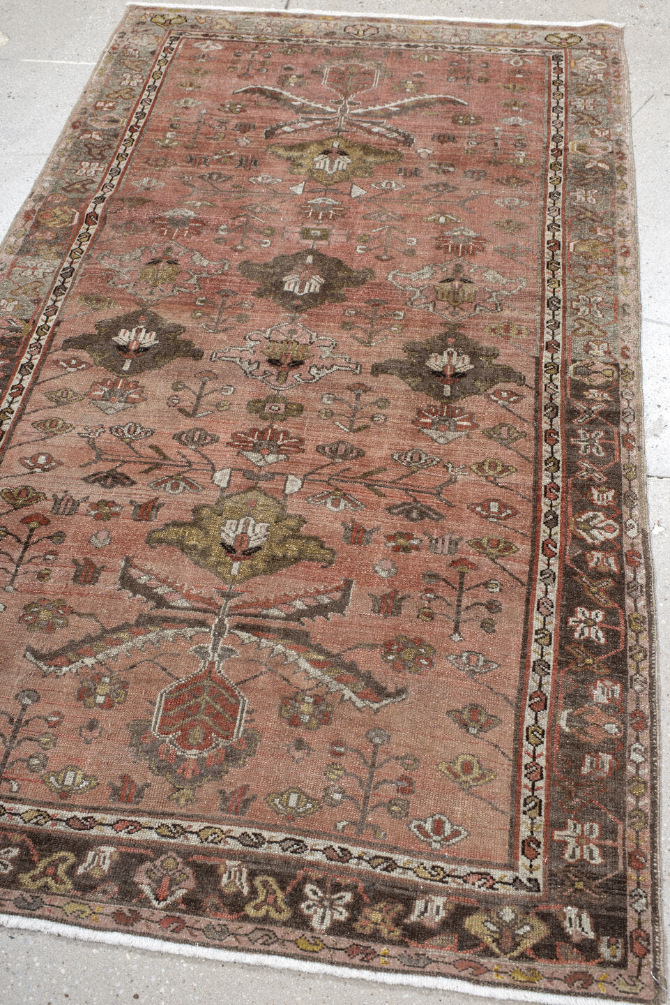 3' x 6' one-of-a-kind handmade vintage Malayer small size rug. Color palette: rose, brown, taupe, olive, ivory, rust, sage