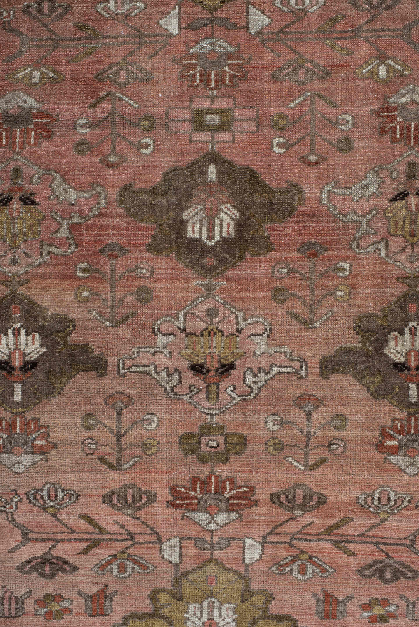 3' x 6' one-of-a-kind handmade vintage Malayer small size rug. Color palette: rose, brown, taupe, olive, ivory, rust, sage