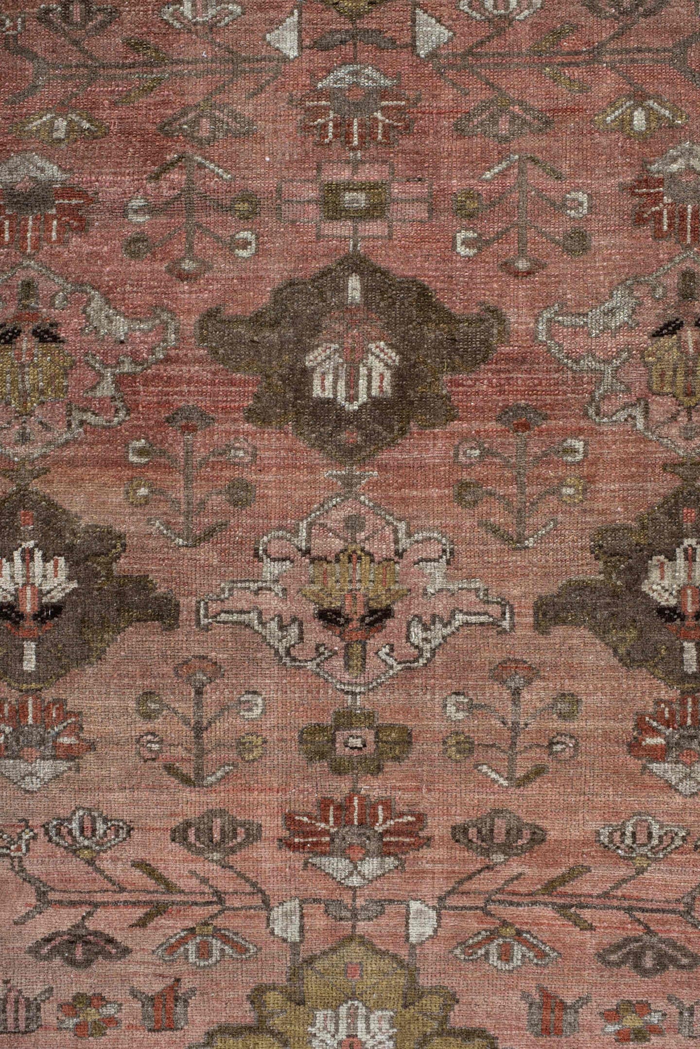 3' x 6' one-of-a-kind handmade vintage Malayer small size rug. Color palette: rose, brown, taupe, olive, ivory, rust, sage
