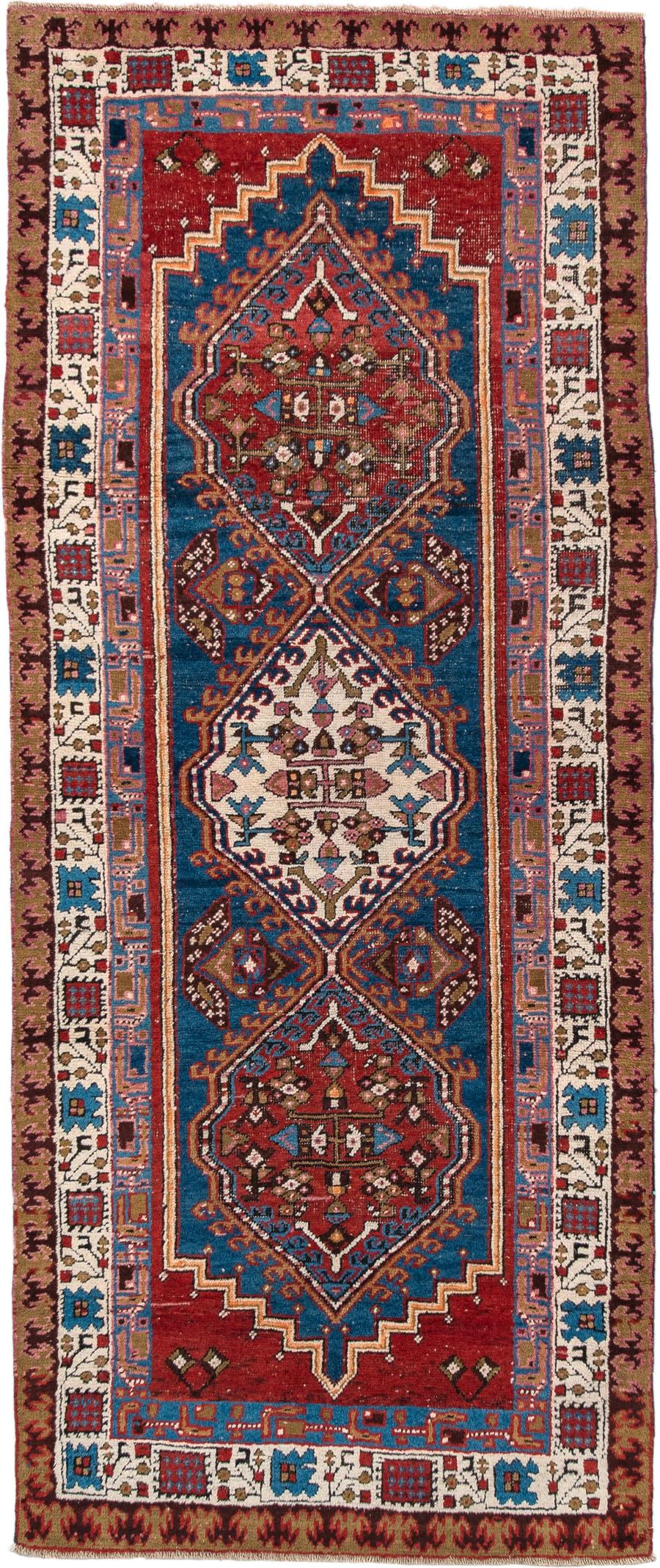 3' x 7' one-of-a-kind handmade vintage Sarab runner rug. Color palette: red, blue, ivory, rose, brown, burgundy, camel, pink