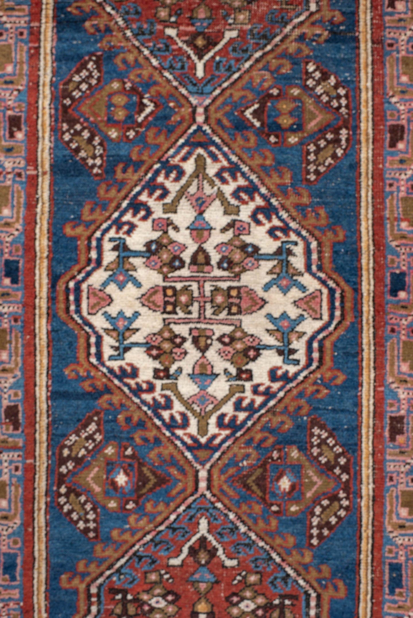 3' x 7' one-of-a-kind handmade vintage Sarab runner rug. Color palette: red, blue, ivory, rose, brown, burgundy, camel, pink