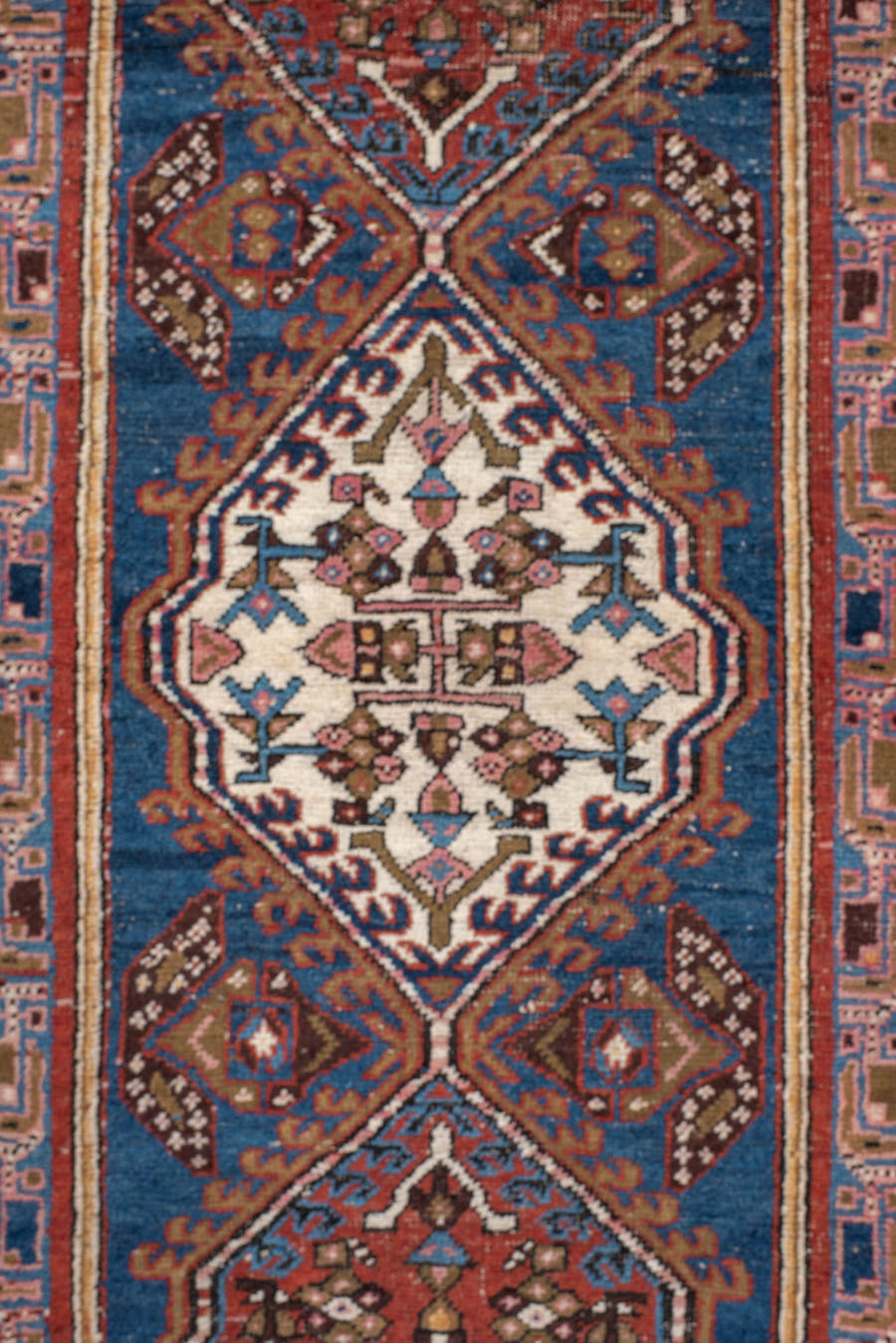 3' x 7' one-of-a-kind handmade vintage Sarab runner rug. Color palette: red, blue, ivory, rose, brown, burgundy, camel, pink