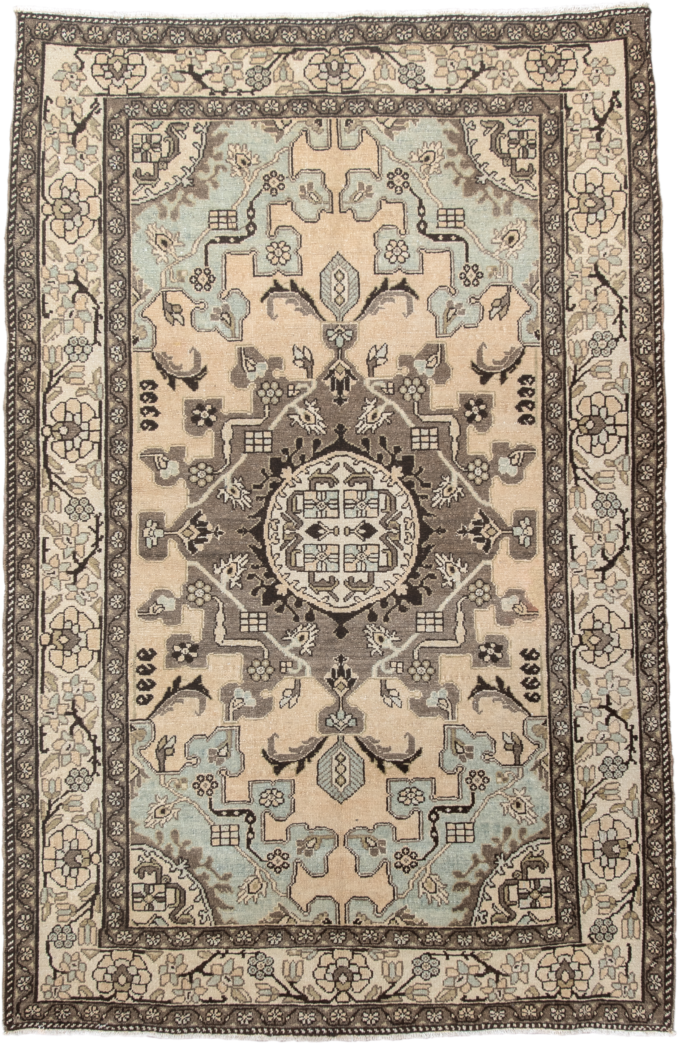 4' x 6' one-of-a-kind handmade vintage Malayer small size rug. Color palette: ivory, taupe, charcoal, pale blue, cream
