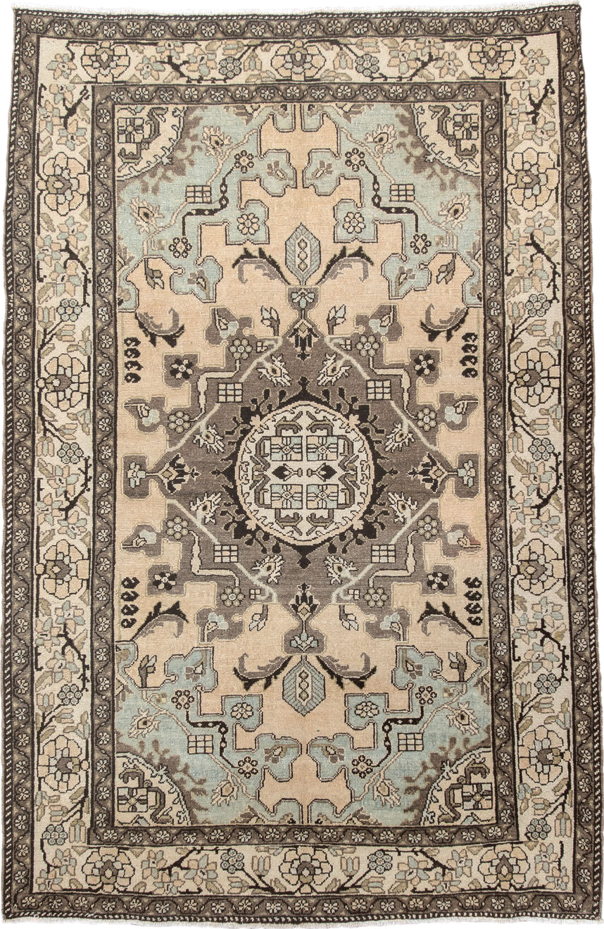 4' x 6' one-of-a-kind handmade vintage Malayer small size rug. Color palette: ivory, taupe, charcoal, pale blue, cream