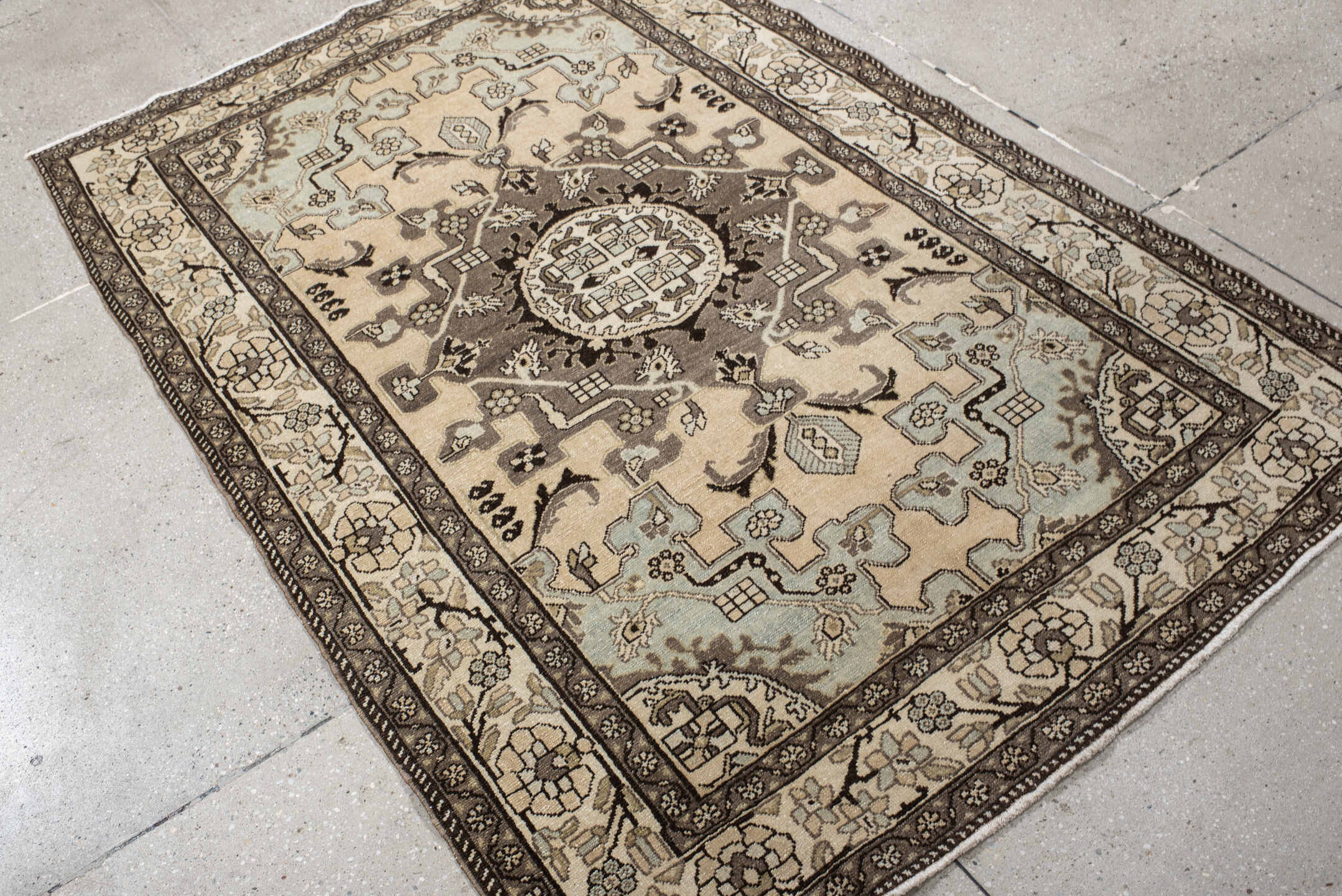 4' x 6' one-of-a-kind handmade vintage Malayer small size rug. Color palette: ivory, taupe, charcoal, pale blue, cream