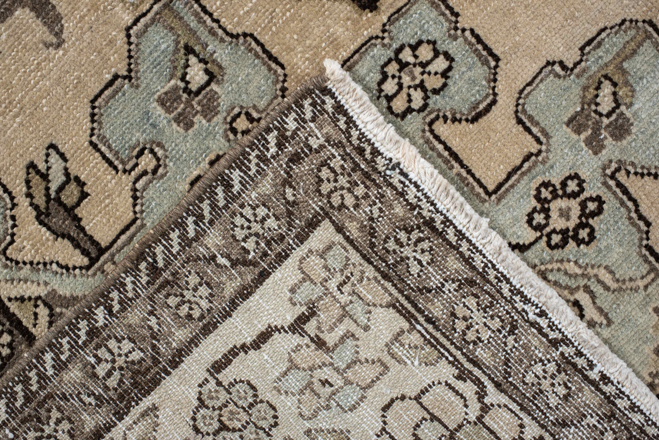 4' x 6' one-of-a-kind handmade vintage Malayer small size rug. Color palette: ivory, taupe, charcoal, pale blue, cream
