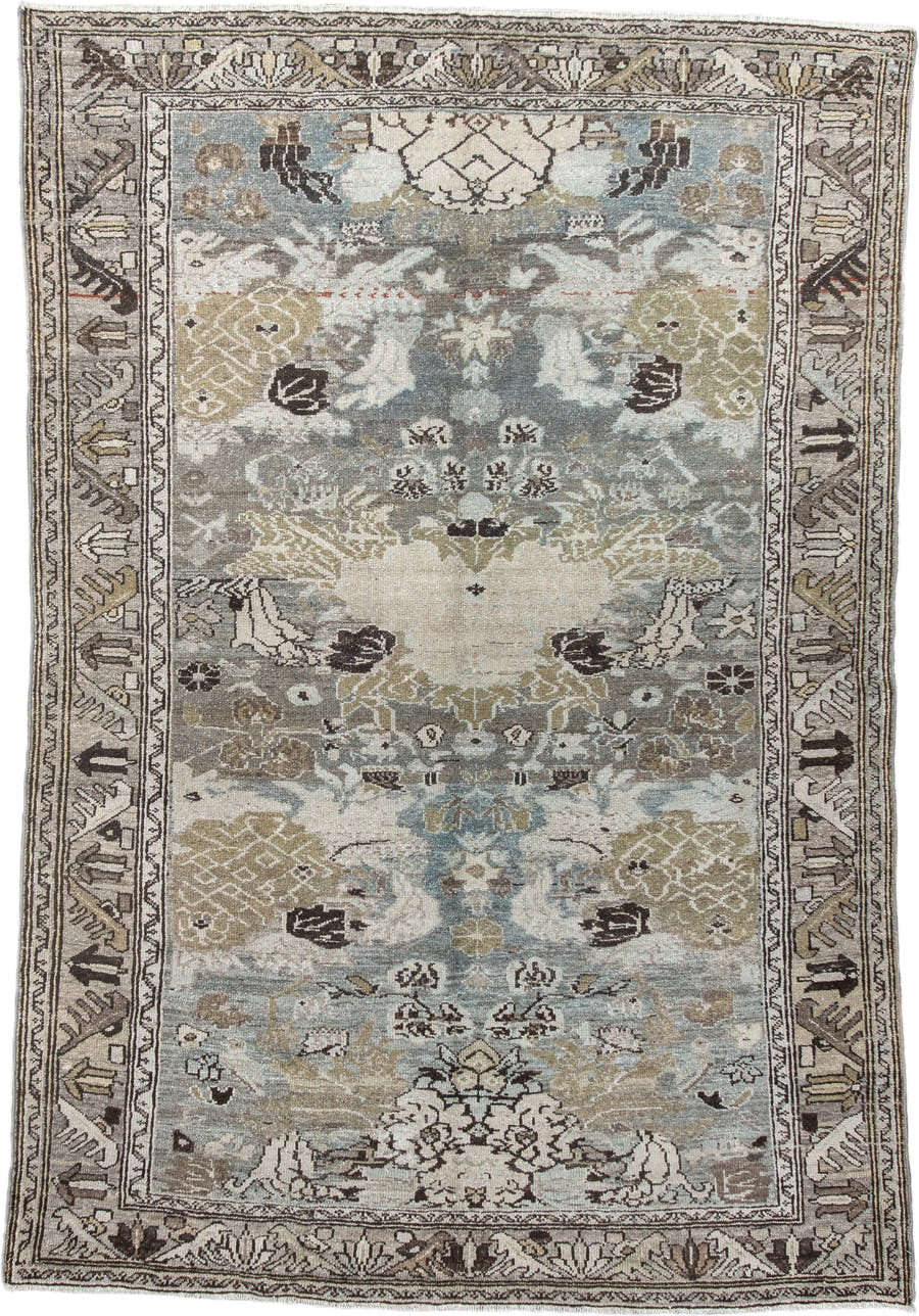 4' x 6' one-of-a-kind handmade vintage Malayer small size rug. Color palette: ivory, pale blue, taupe, olive, charcoal