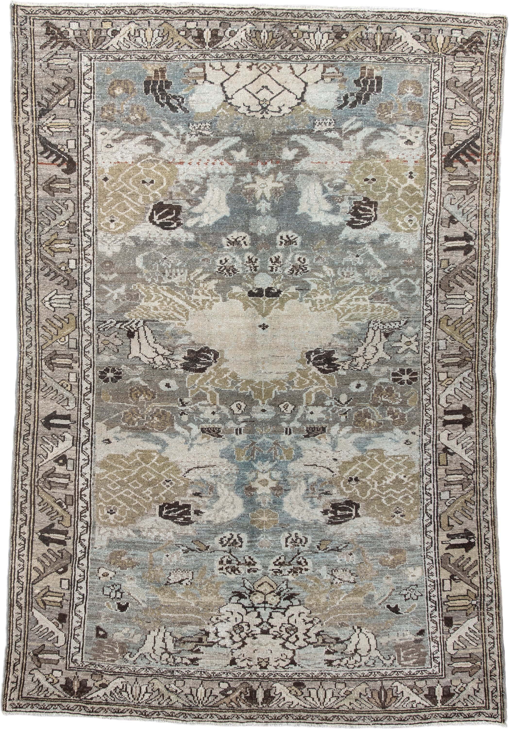 4' x 6' one-of-a-kind handmade vintage Malayer small size rug. Color palette: ivory, pale blue, taupe, olive, charcoal