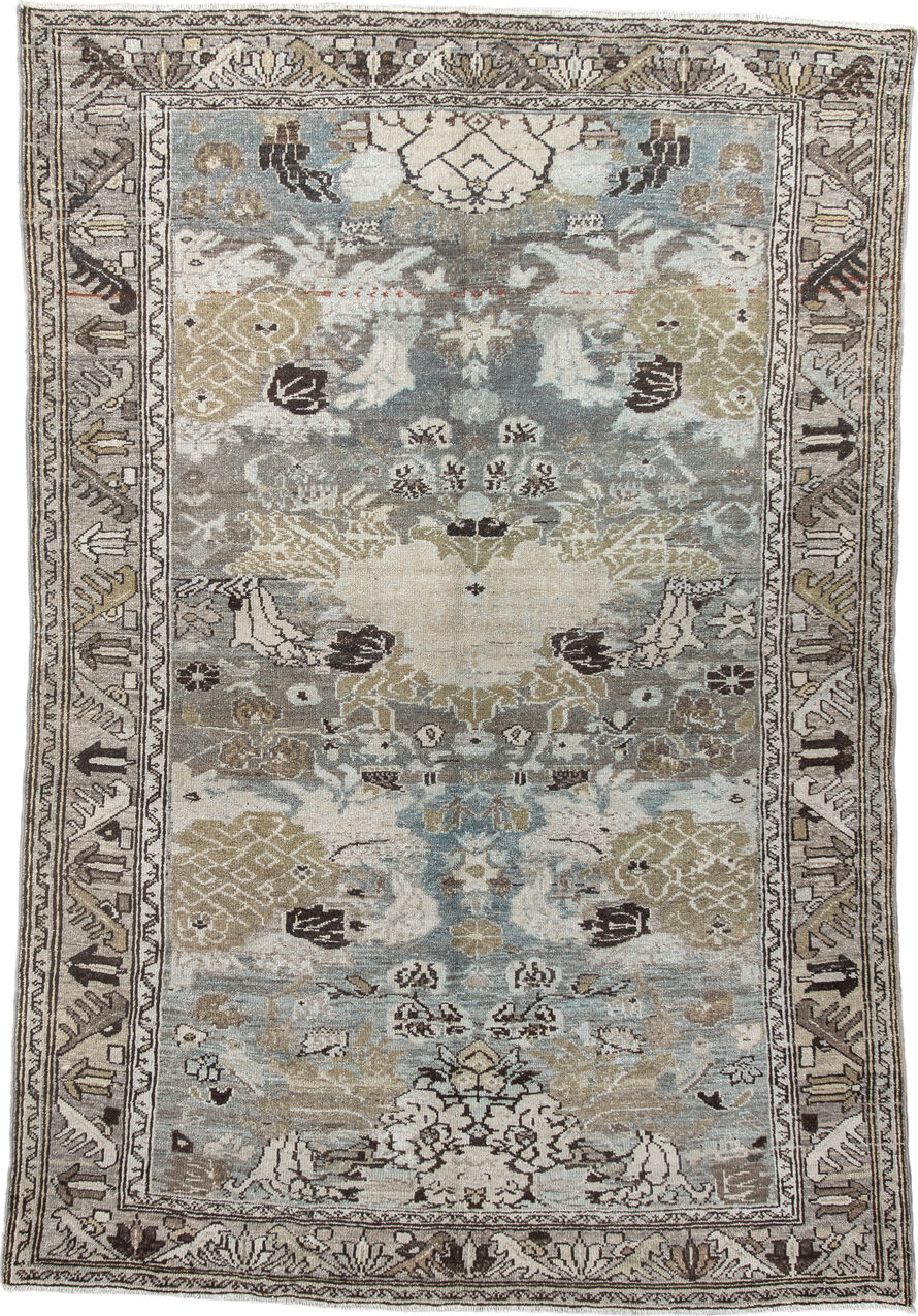 4' x 6' one-of-a-kind handmade vintage Malayer small size rug. Color palette: ivory, pale blue, taupe, olive, charcoal