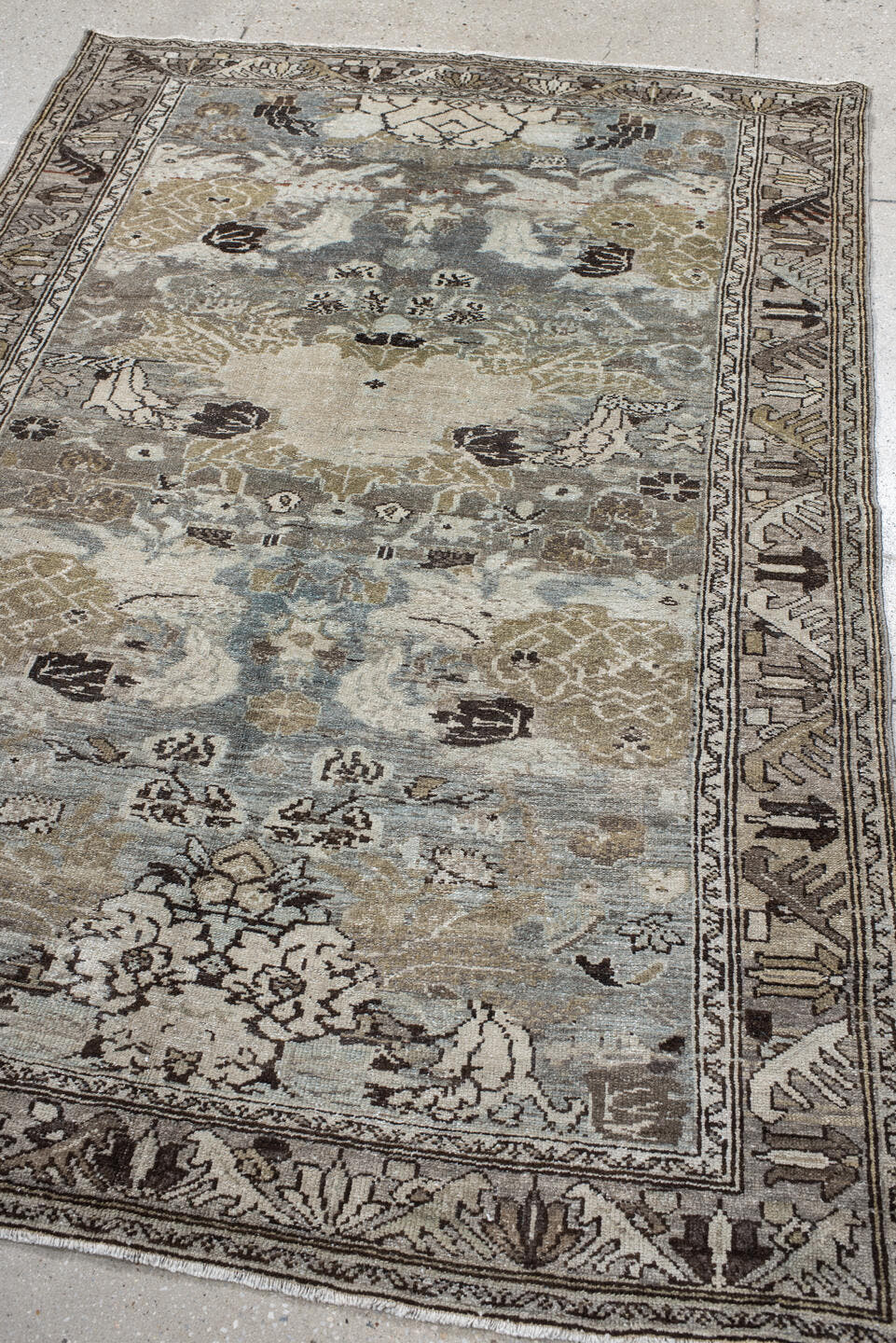 4' x 6' one-of-a-kind handmade vintage Malayer small size rug. Color palette: ivory, pale blue, taupe, olive, charcoal