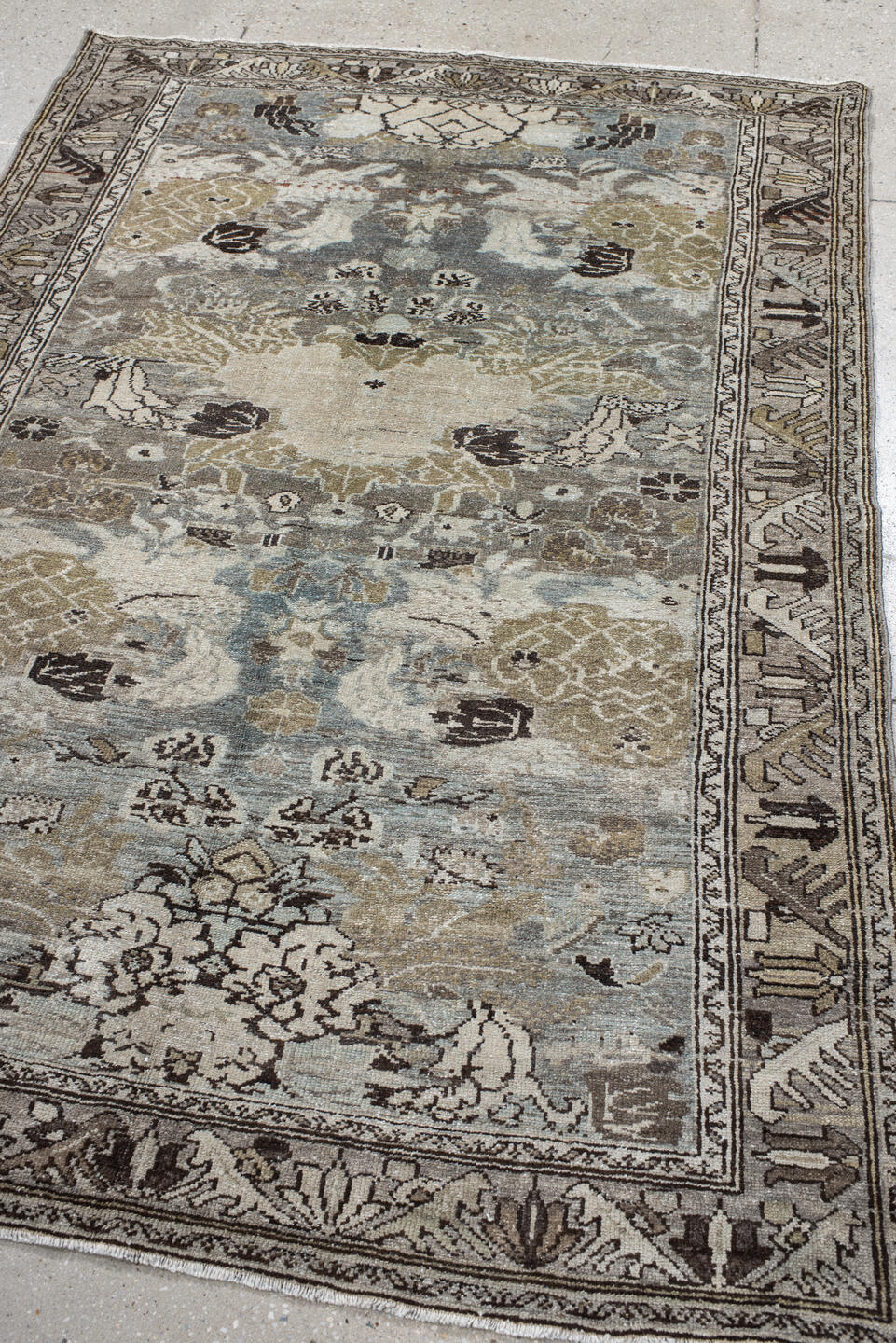 4' x 6' one-of-a-kind handmade vintage Malayer small size rug. Color palette: ivory, pale blue, taupe, olive, charcoal