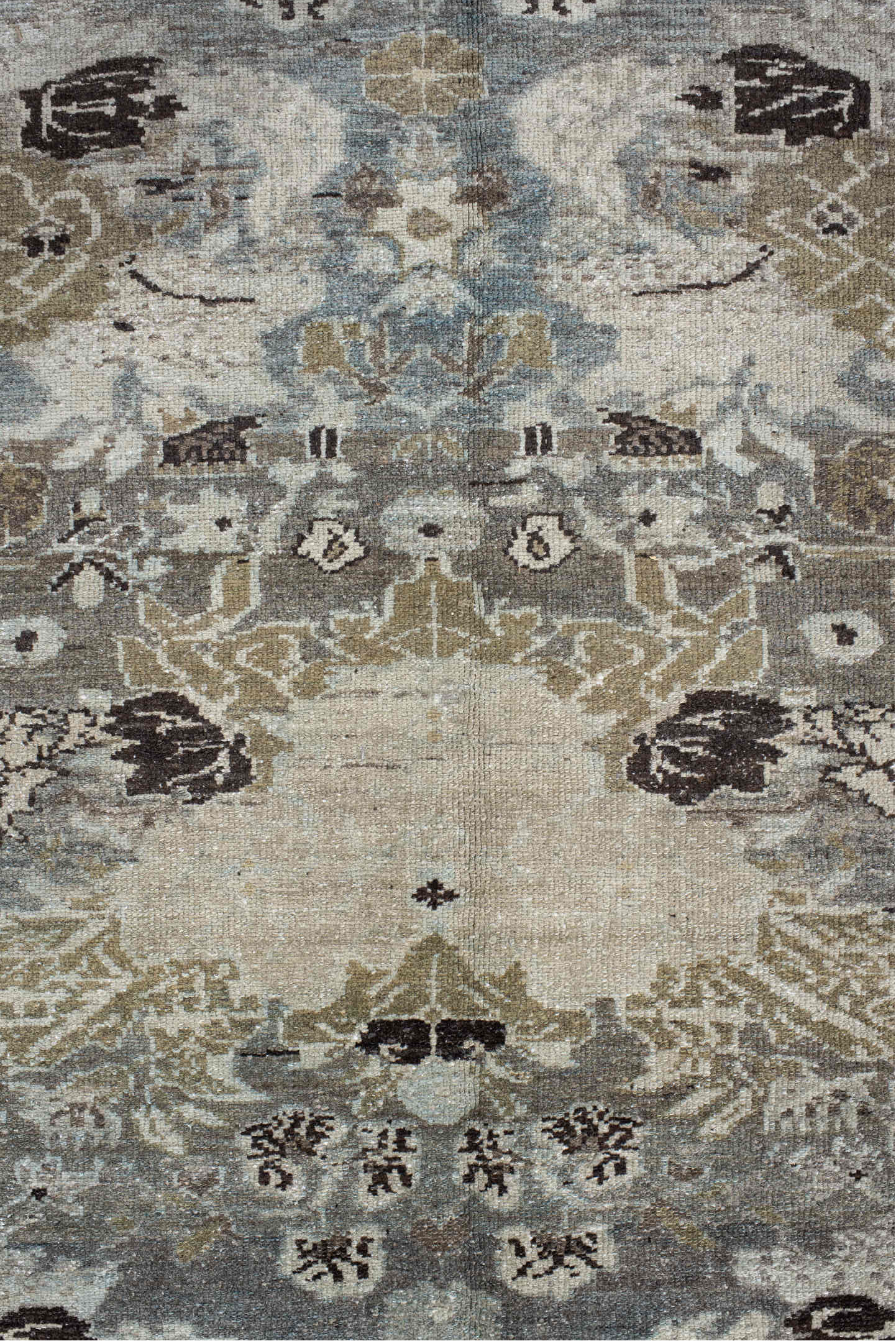 4' x 6' one-of-a-kind handmade vintage Malayer small size rug. Color palette: ivory, pale blue, taupe, olive, charcoal