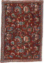 1' x 2' one-of-a-kind handmade vintage Bidjar small size rug. Color palette: rust, turquoise, navy, ivory, rose, sage, coral