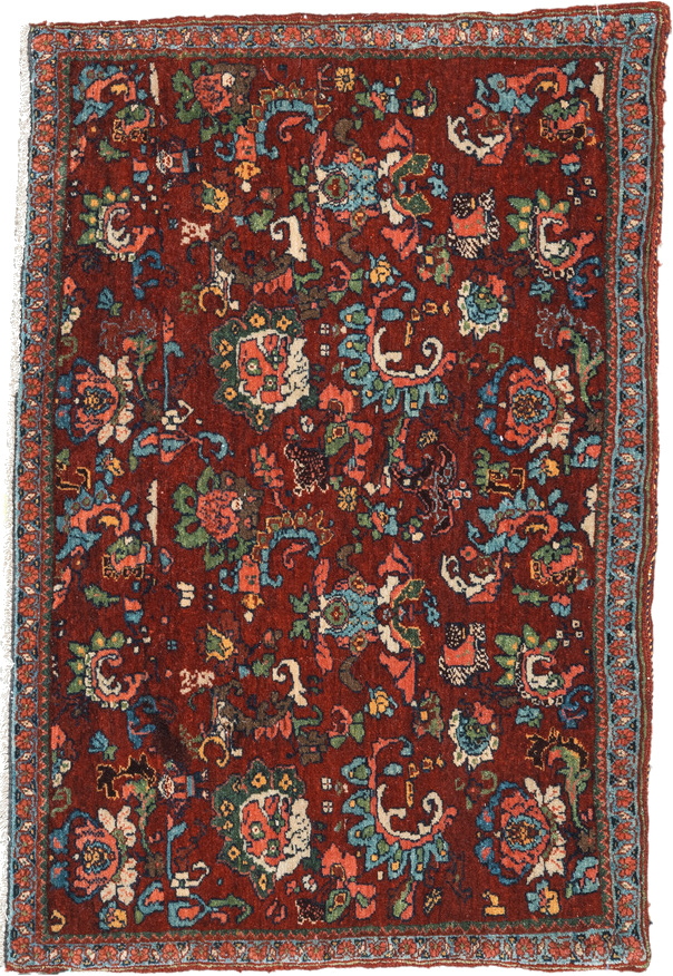 1' x 2' one-of-a-kind handmade vintage Bidjar small size rug. Color palette: black, blue, brown, dark slate gray, gray
