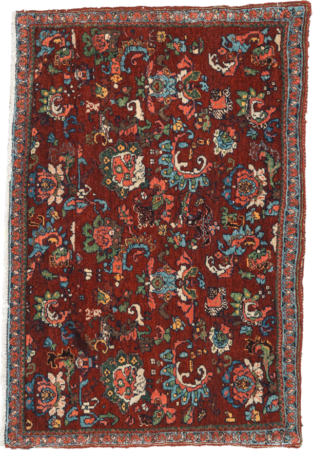 1' x 2' one-of-a-kind handmade vintage Bidjar small size rug. Color palette: black, blue, brown, dark slate gray, gray