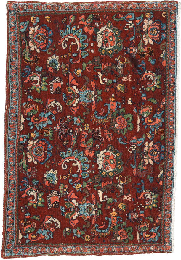 1' x 2' one-of-a-kind handmade vintage Bidjar small size rug. Color palette: rust, turquoise, navy, ivory, rose, sage, coral