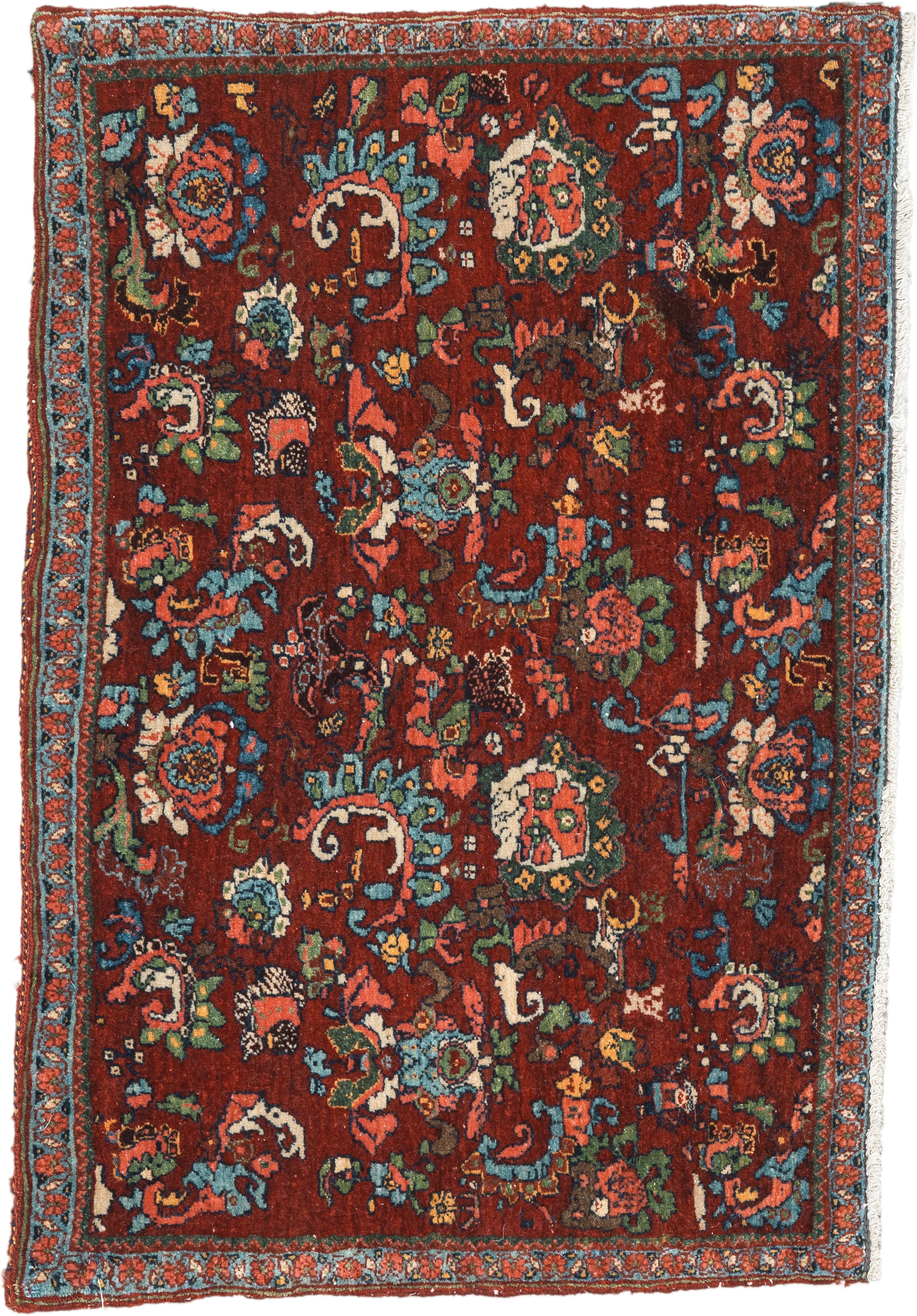 1' x 2' one-of-a-kind handmade vintage Bidjar small size rug. Color palette: rust, turquoise, navy, ivory, rose, sage, coral