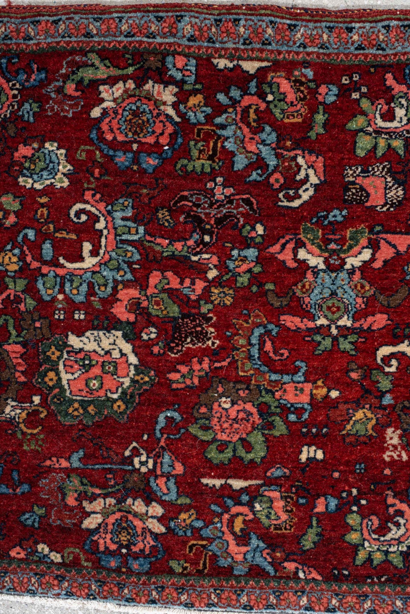 1' x 2' one-of-a-kind handmade vintage Bidjar small size rug. Color palette: rust, turquoise, navy, ivory, rose, sage, coral