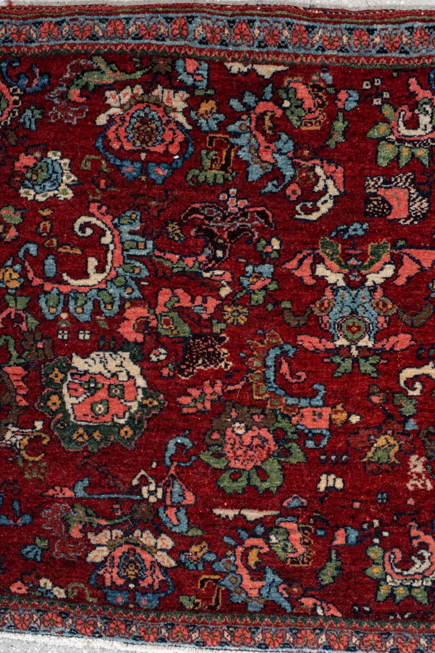 1' x 2' one-of-a-kind handmade vintage Bidjar small size rug. Color palette: rust, turquoise, navy, ivory, rose, sage, coral