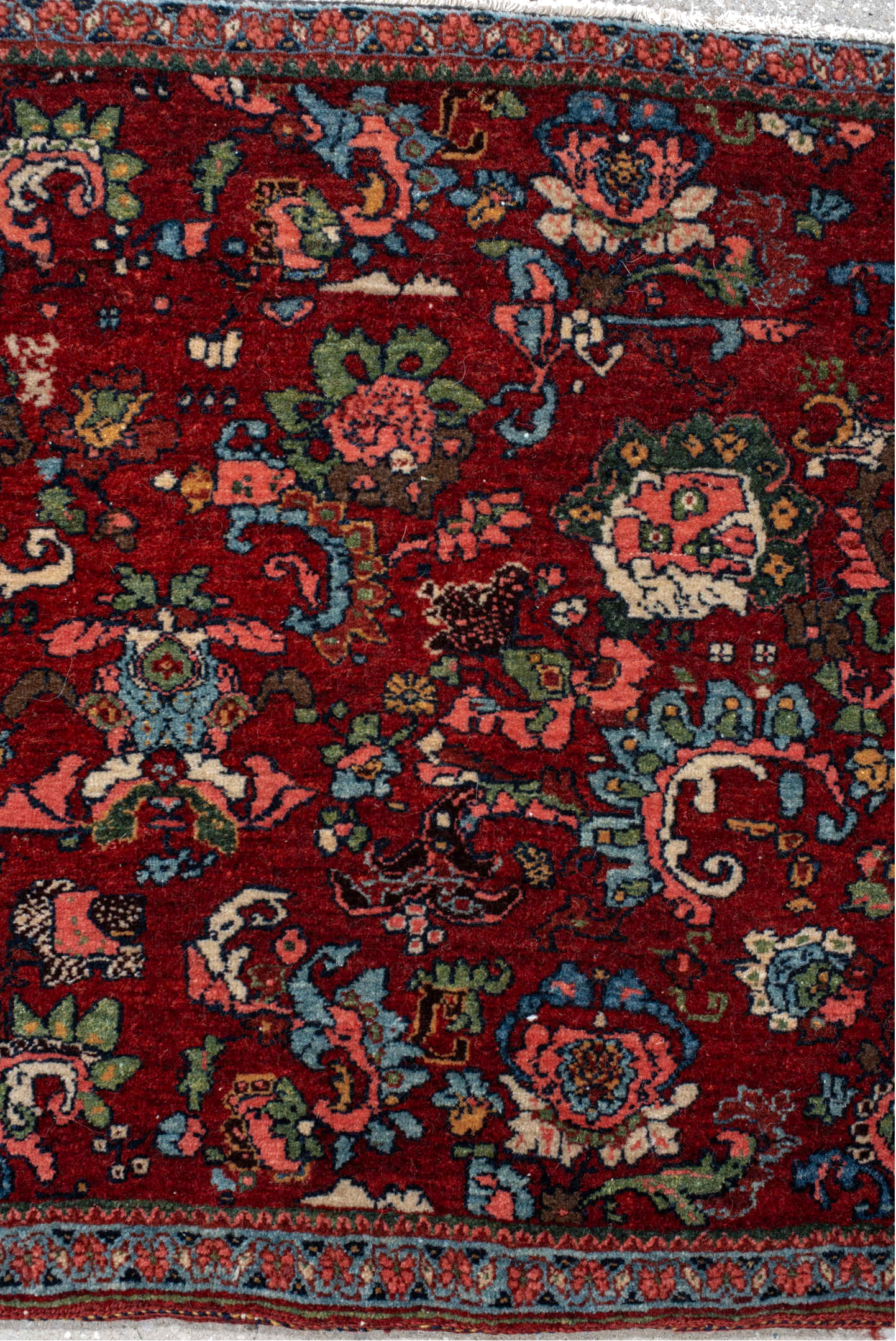 1' x 2' one-of-a-kind handmade vintage Bidjar small size rug. Color palette: black, blue, brown, dark slate gray, gray