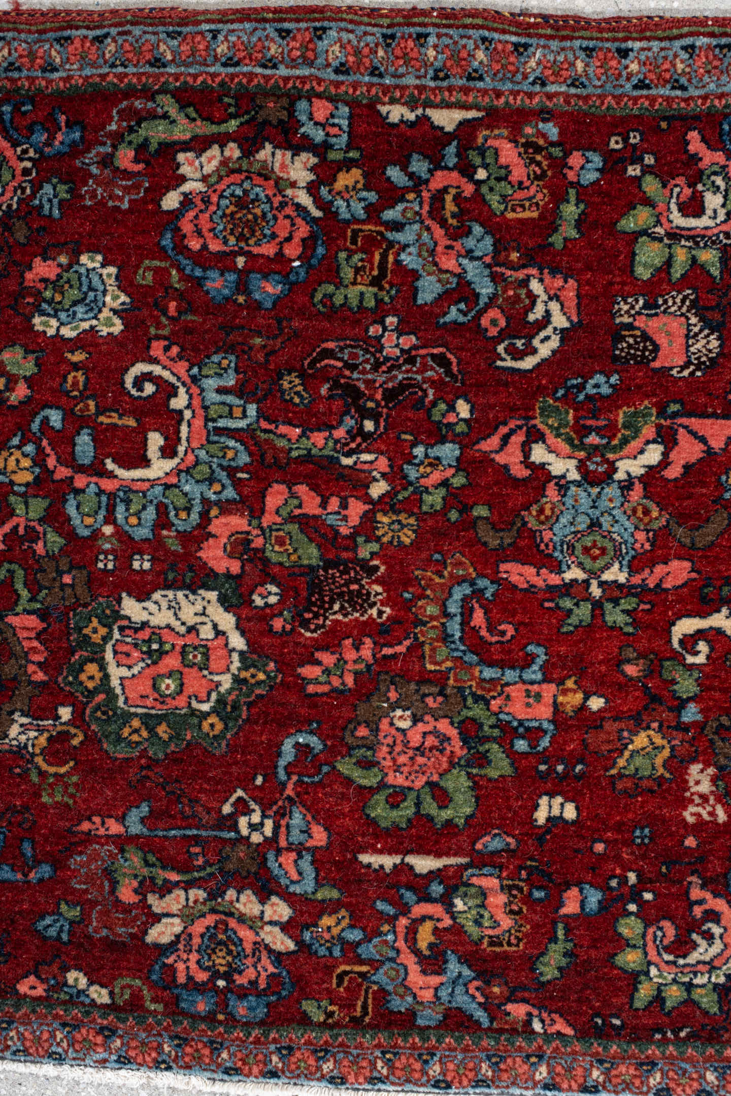 1' x 2' one-of-a-kind handmade vintage Bidjar small size rug. Color palette: rust, turquoise, navy, ivory, rose, sage, coral