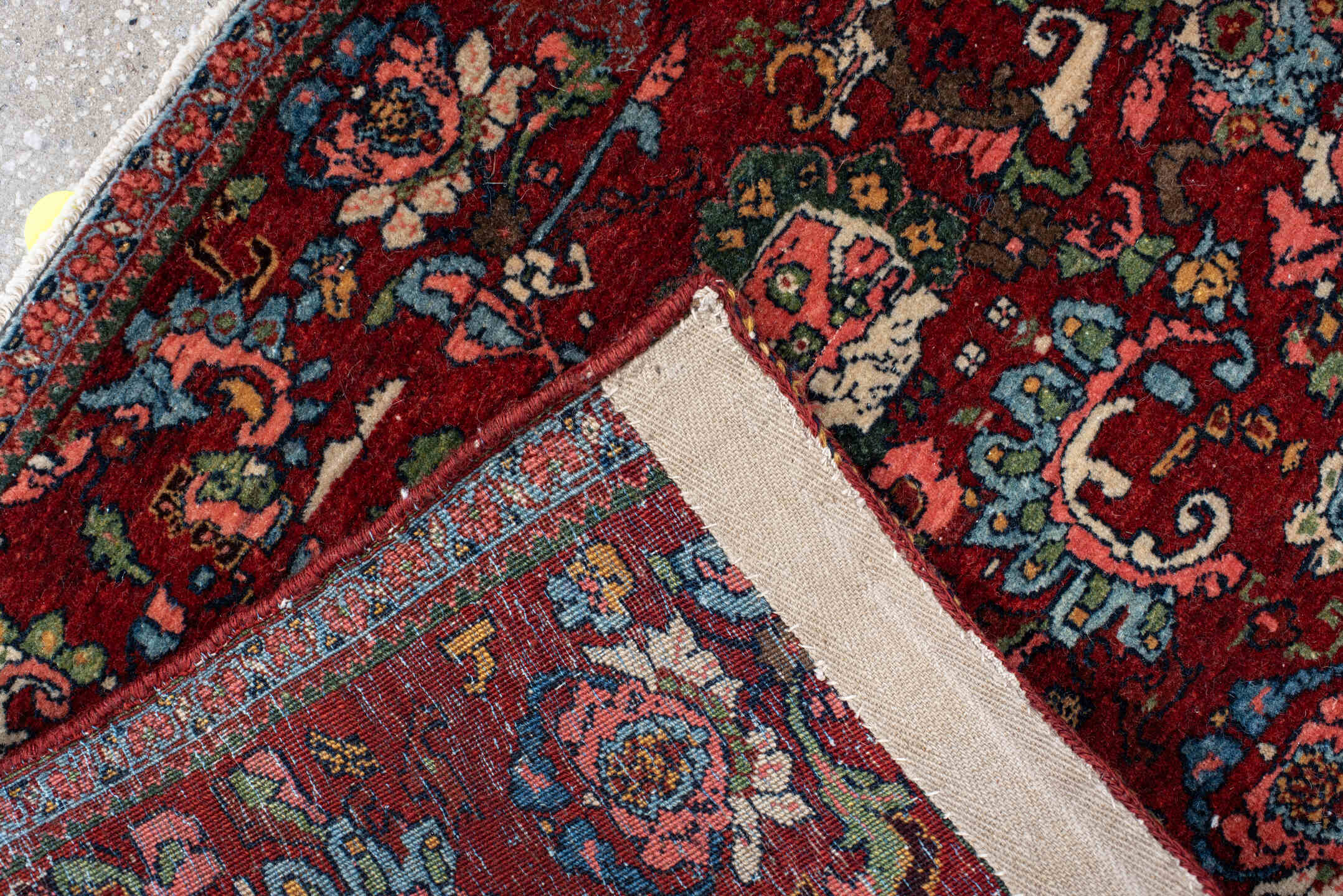 1' x 2' one-of-a-kind handmade vintage Bidjar small size rug. Color palette: rust, turquoise, navy, ivory, rose, sage, coral