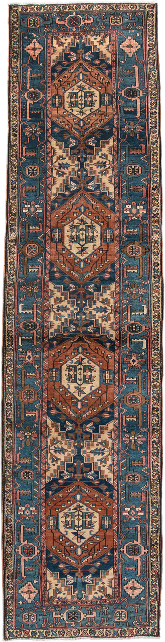 3' x 13' one-of-a-kind handmade vintage Sarab runner rug. Color palette: teal, rust, ivory, navy, rose, camel, charcoal