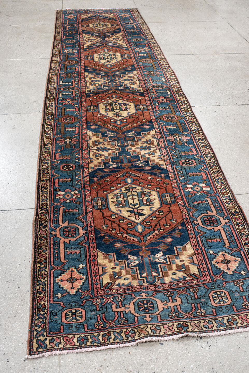 3' x 13' one-of-a-kind handmade vintage Sarab runner rug. Color palette: teal, rust, ivory, navy, rose, camel, charcoal
