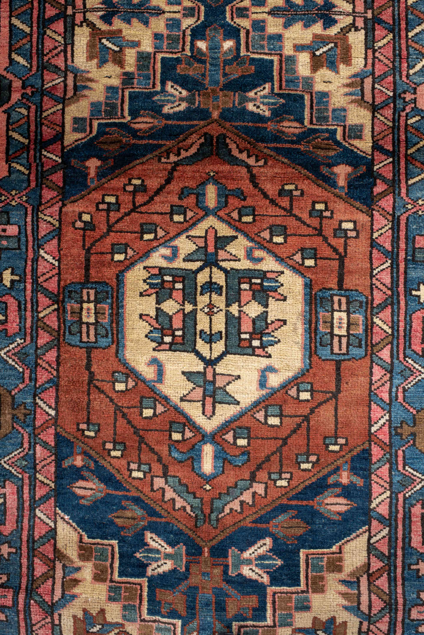 3' x 13' one-of-a-kind handmade vintage Sarab runner rug. Color palette: teal, rust, ivory, navy, rose, camel, charcoal