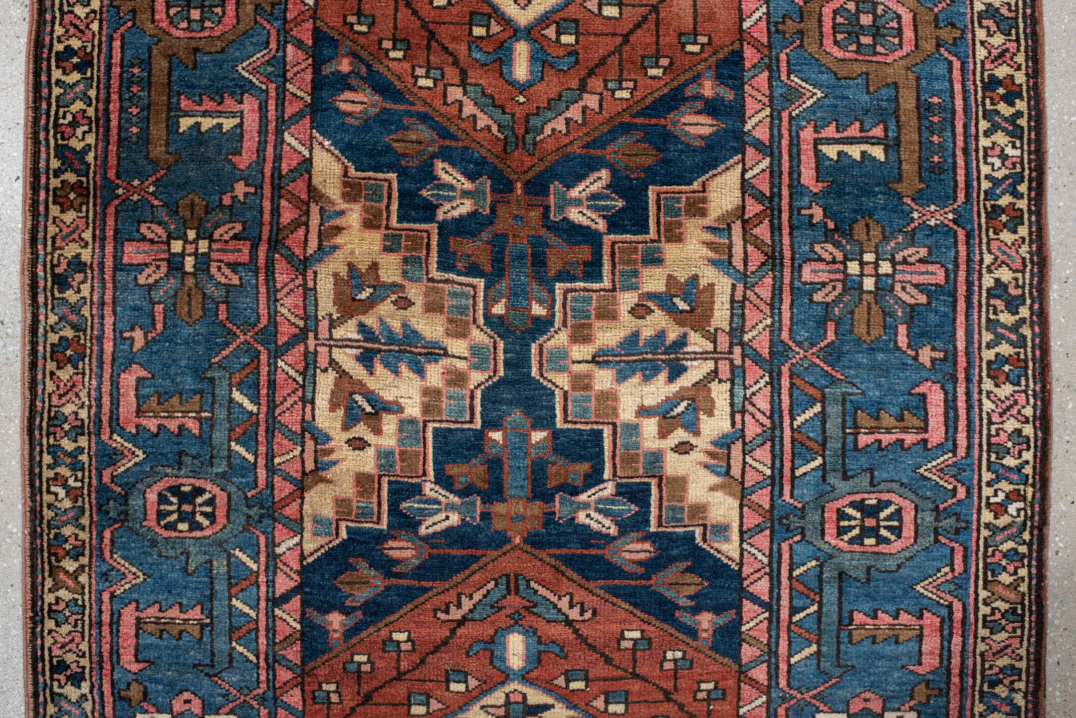 3' x 13' one-of-a-kind handmade vintage Sarab runner rug. Color palette: teal, rust, ivory, navy, rose, camel, charcoal