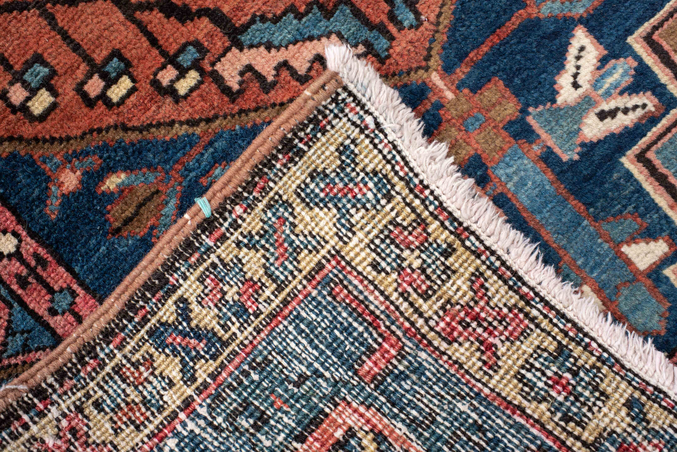 3' x 13' one-of-a-kind handmade vintage Sarab runner rug. Color palette: teal, rust, ivory, navy, rose, camel, charcoal