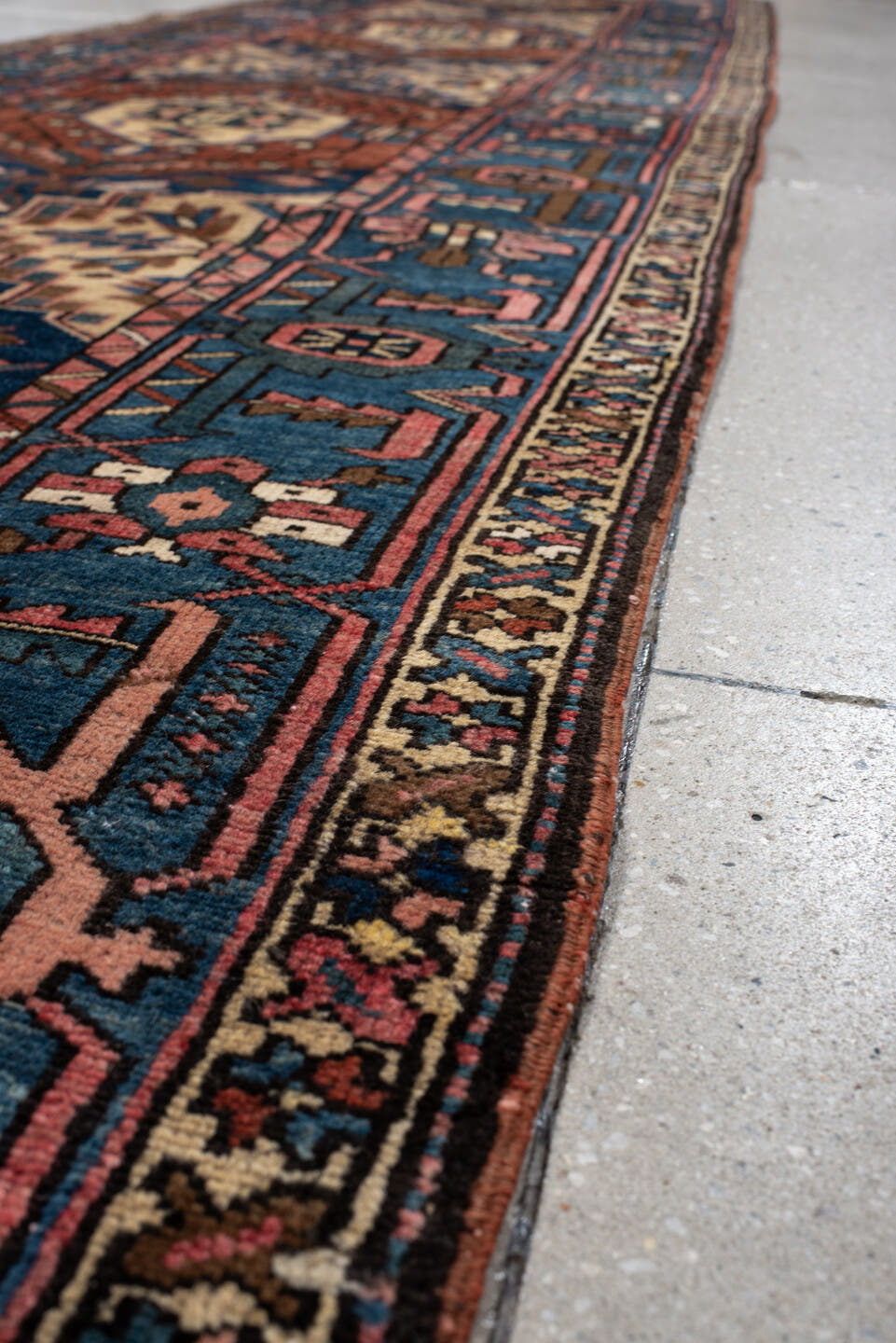 3' x 13' one-of-a-kind handmade vintage Sarab runner rug. Color palette: teal, rust, ivory, navy, rose, camel, charcoal