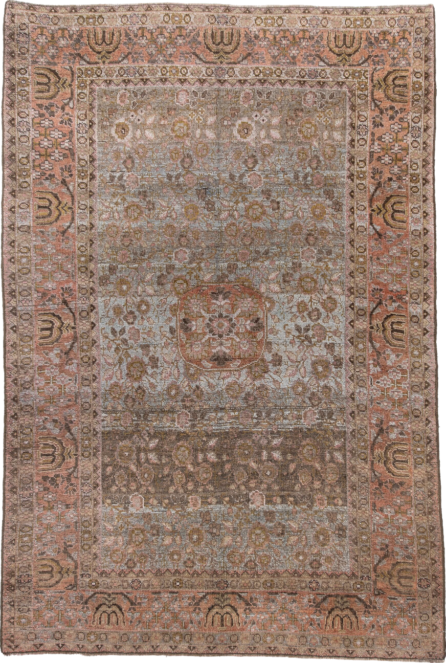 4' x 6' one-of-a-kind handmade vintage Bidjar small size rug. Color palette: brown, gray, light gray, off-white, pink