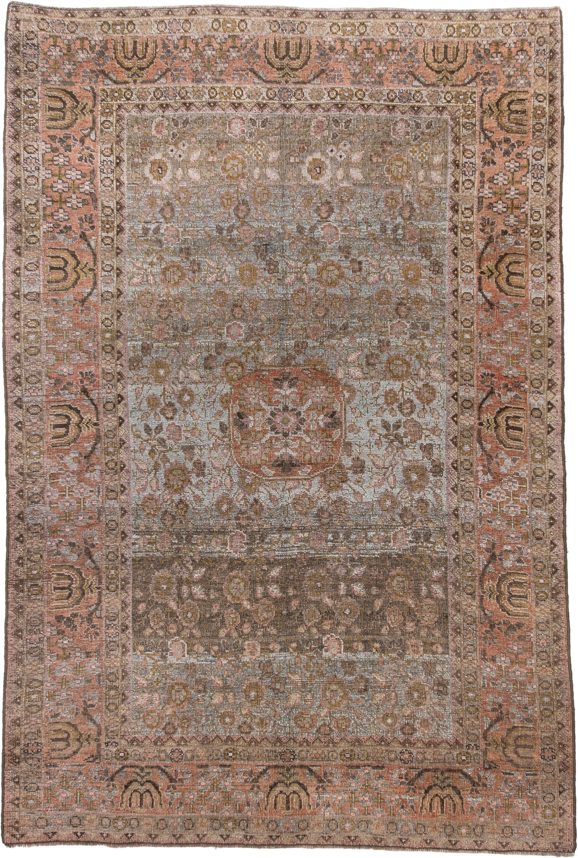 4' x 6' one-of-a-kind handmade vintage Bidjar small size rug. Color palette: rose, taupe, terra cotta, brown, ivory, sage