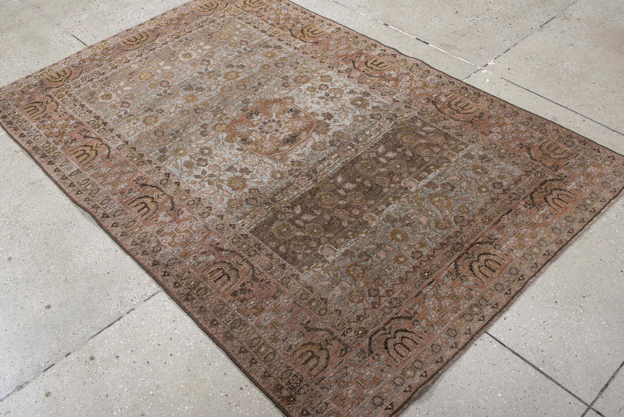 4' x 6' one-of-a-kind handmade vintage Bidjar small size rug. Color palette: rose, taupe, terra cotta, brown, ivory, sage