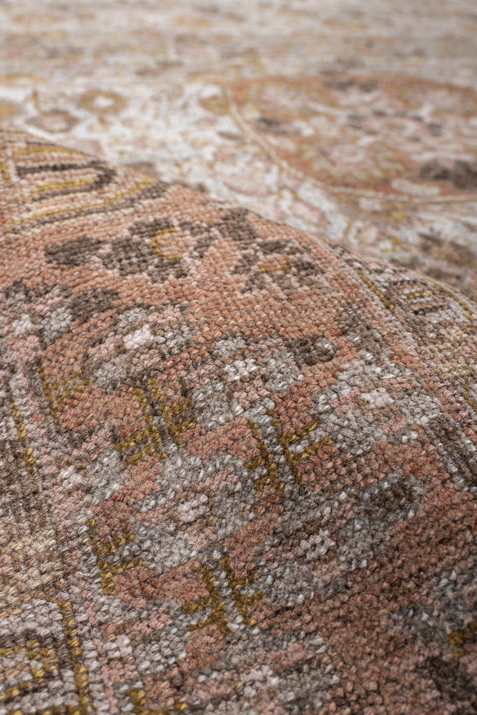 4' x 6' one-of-a-kind handmade vintage Bidjar small size rug. Color palette: rose, taupe, terra cotta, brown, ivory, sage