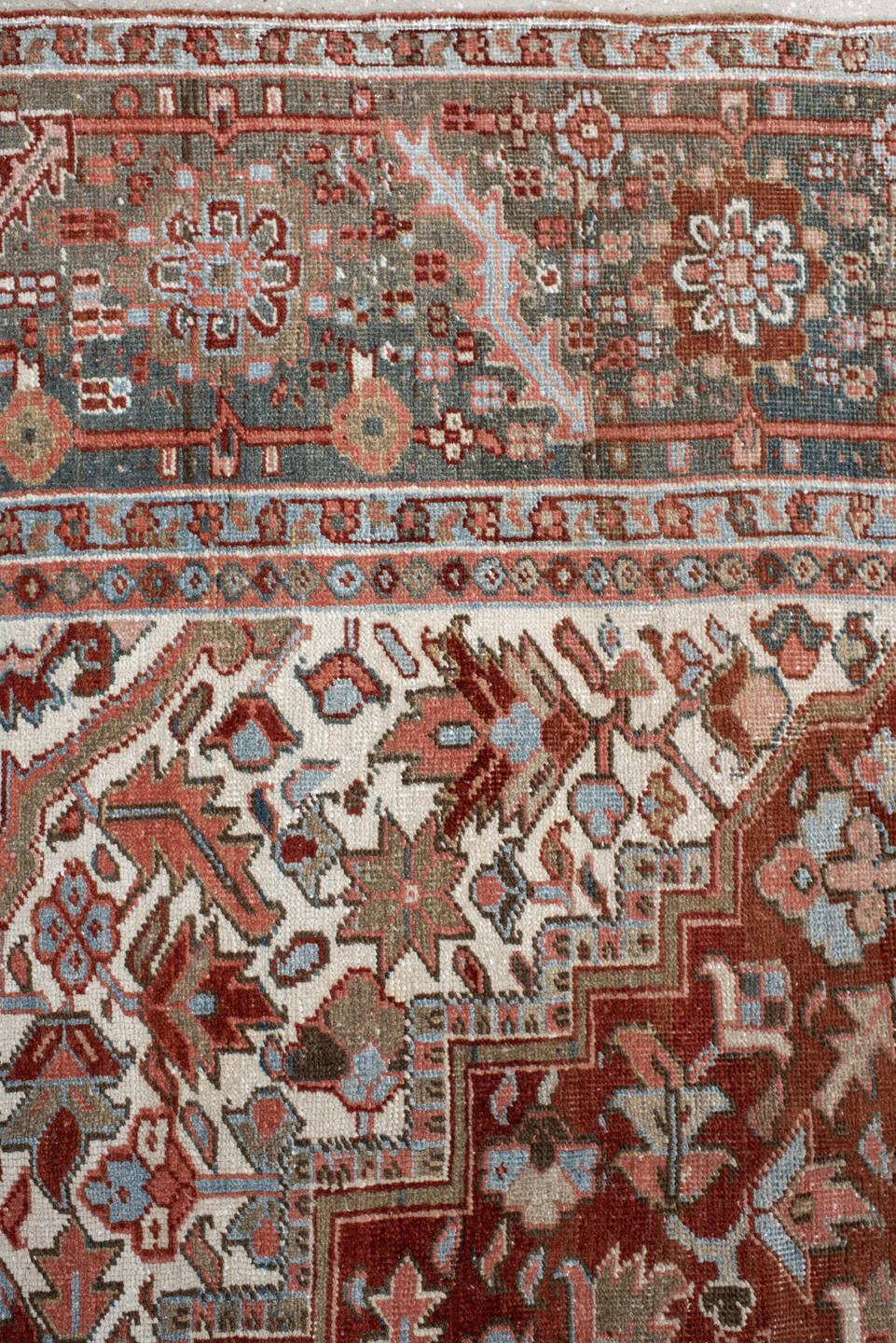 11' x 14' one-of-a-kind handmade vintage Heriz oversize rug. Color palette: brown, pink, gray, black, light gray, orange