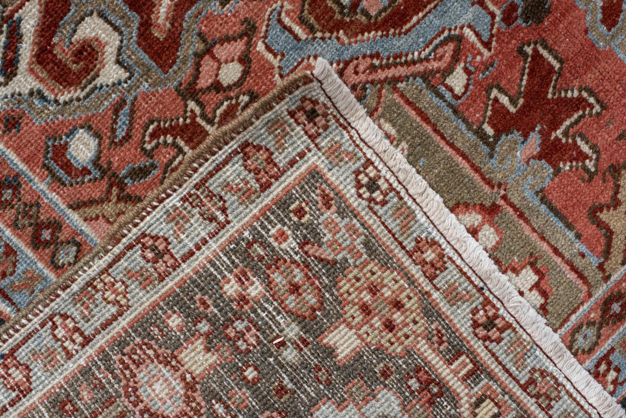 11' x 14' one-of-a-kind handmade vintage Heriz oversize rug. Color palette: brown, pink, gray, black, light gray, orange