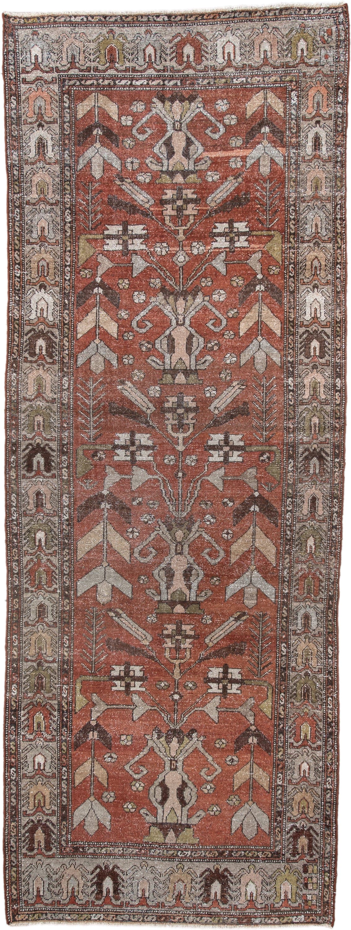 3' x 9' one-of-a-kind handmade vintage Hamadan runner rug. Color palette: rust, ivory, brown, taupe, olive, camel, charcoal