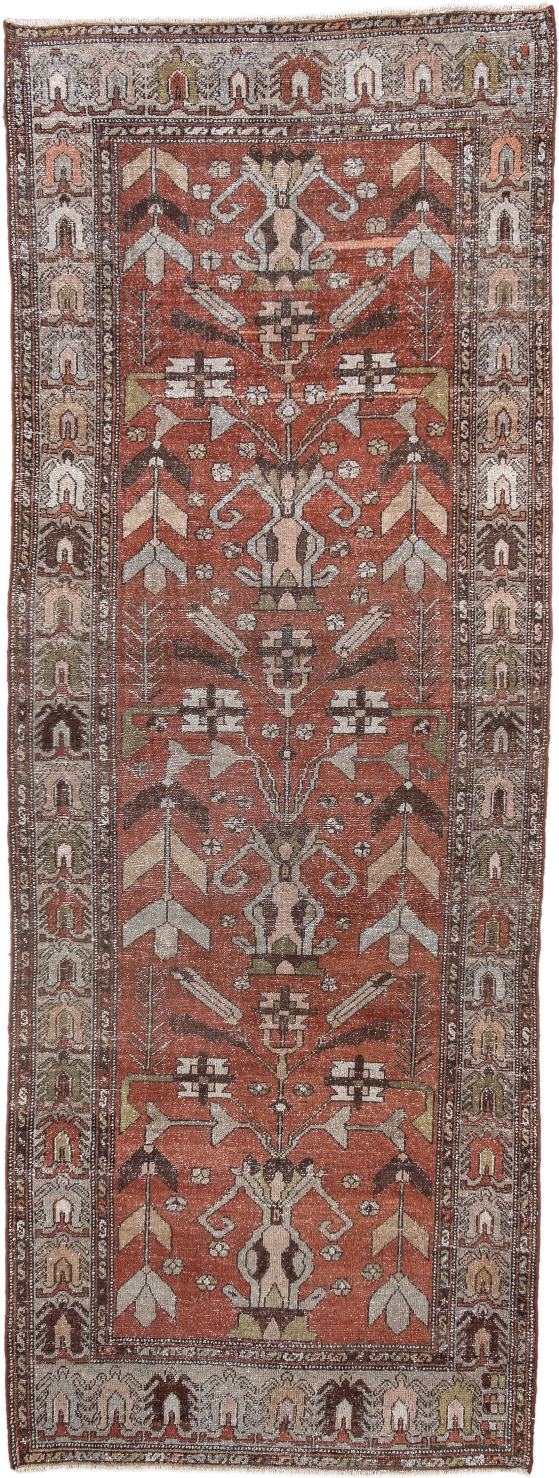 3' x 9' one-of-a-kind handmade vintage Hamadan runner rug. Color palette: rust, ivory, brown, taupe, olive, camel, charcoal