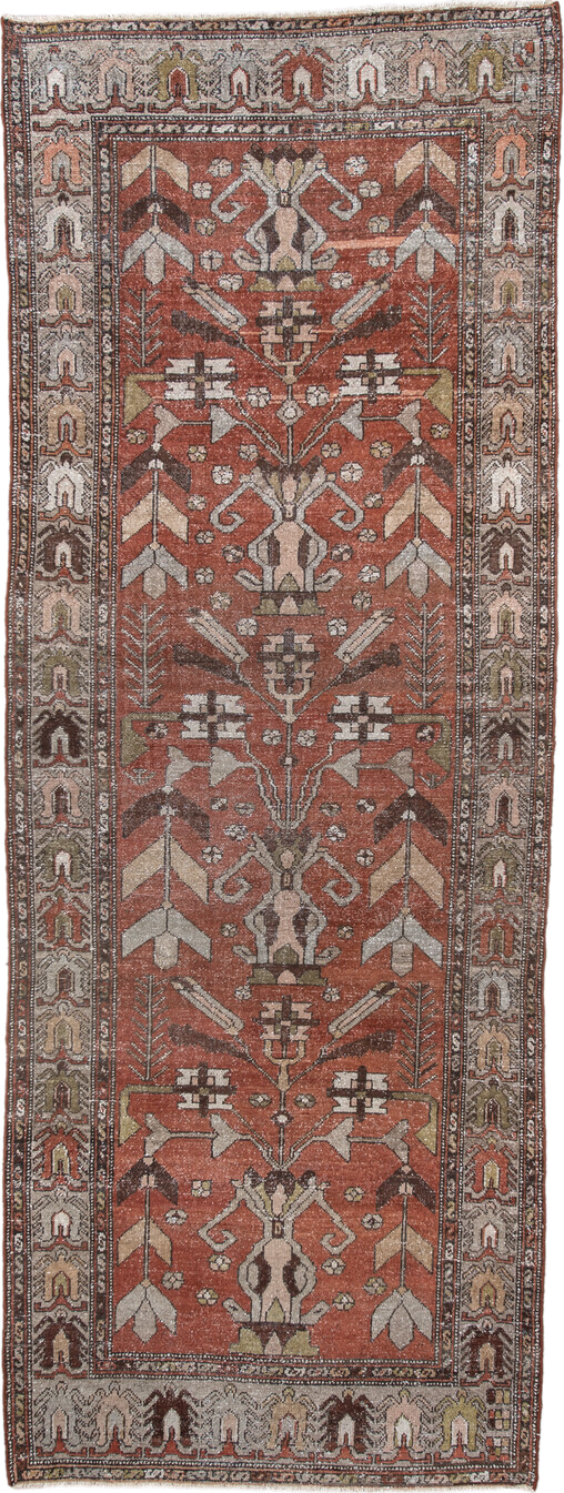 3' x 9' one-of-a-kind handmade vintage Hamadan runner rug. Color palette: rust, ivory, brown, taupe, olive, camel, charcoal