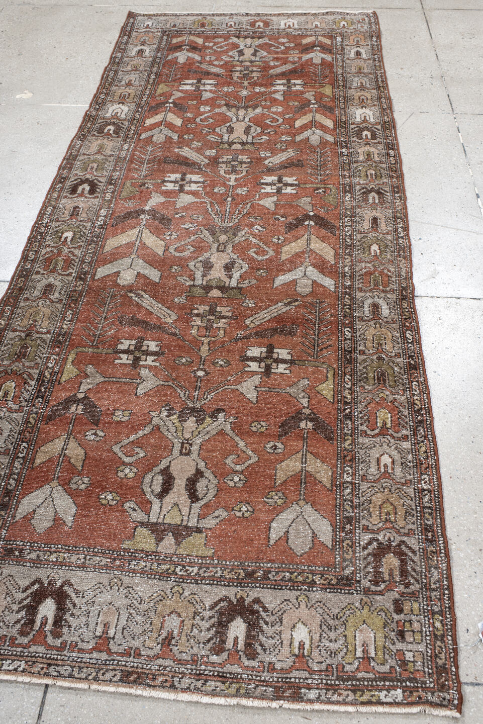 3' x 9' one-of-a-kind handmade vintage Hamadan runner rug. Color palette: rust, ivory, brown, taupe, olive, camel, charcoal