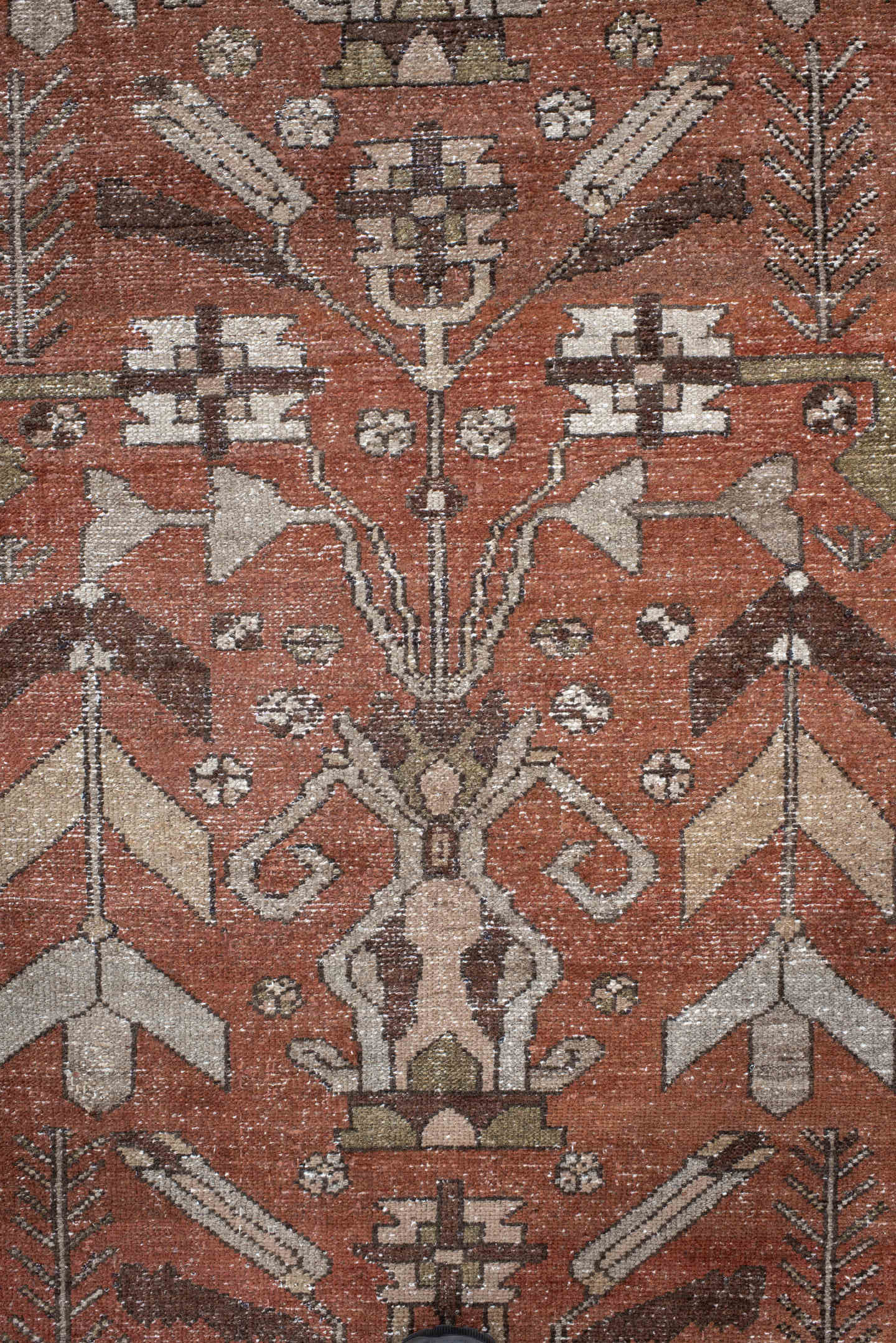 3' x 9' one-of-a-kind handmade vintage Hamadan runner rug. Color palette: rust, ivory, brown, taupe, olive, camel, charcoal