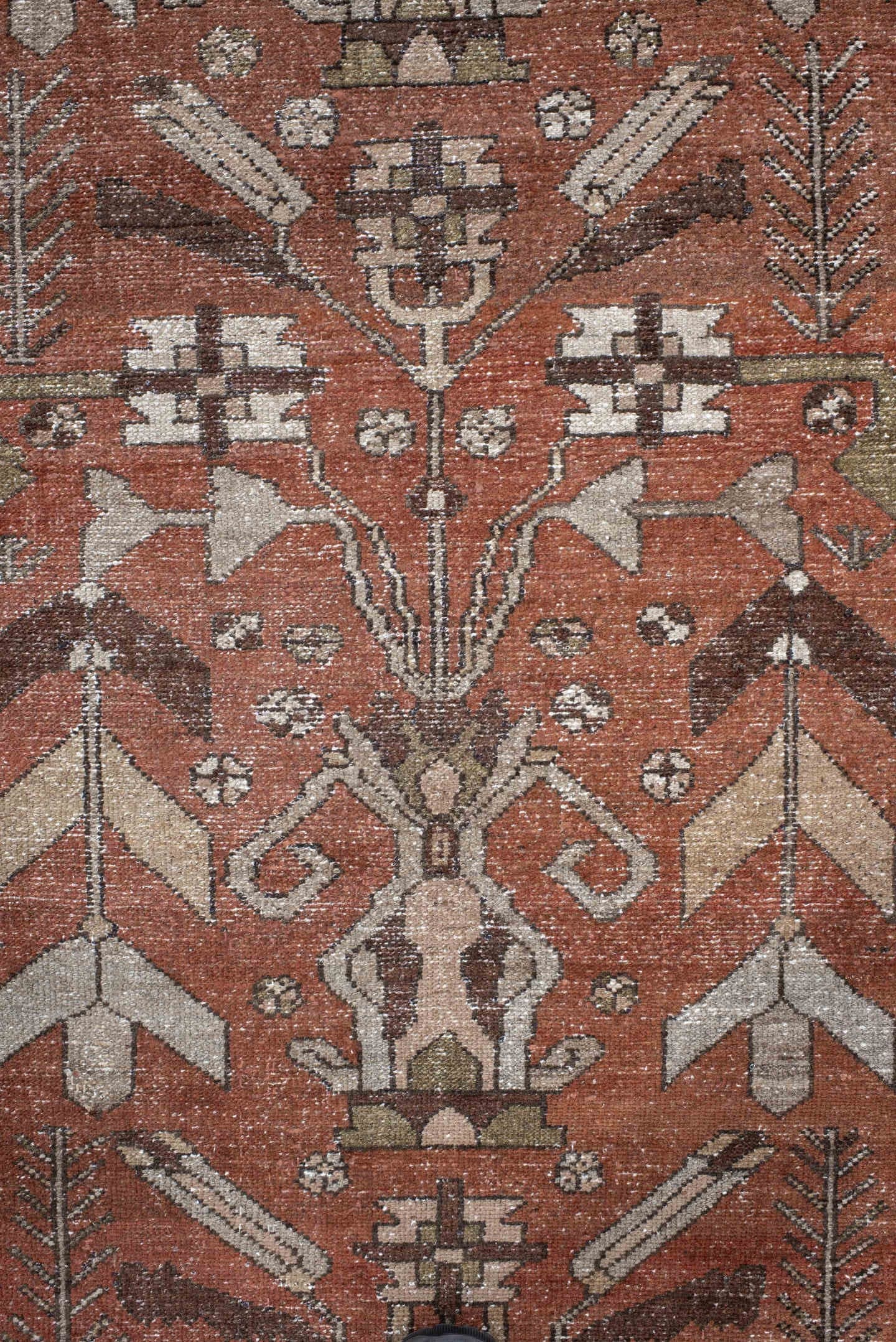 3' x 9' one-of-a-kind handmade vintage Hamadan runner rug. Color palette: rust, ivory, brown, taupe, olive, camel, charcoal