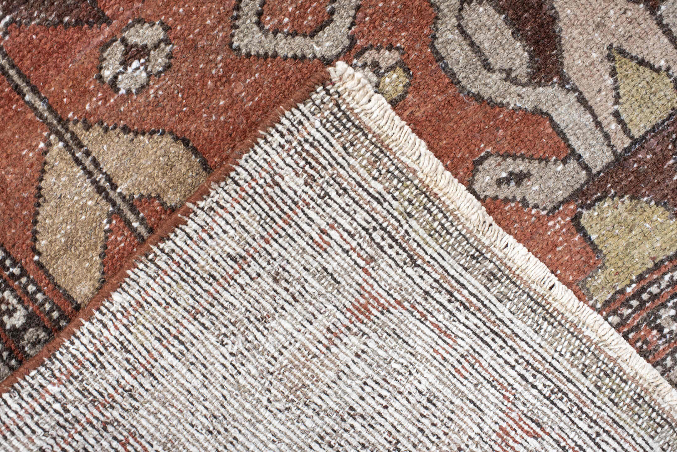 3' x 9' one-of-a-kind handmade vintage Hamadan runner rug. Color palette: rust, ivory, brown, taupe, olive, camel, charcoal