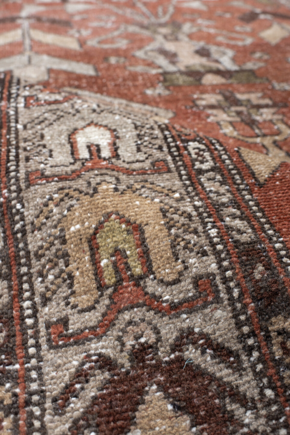 3' x 9' one-of-a-kind handmade vintage Hamadan runner rug. Color palette: rust, ivory, brown, taupe, olive, camel, charcoal