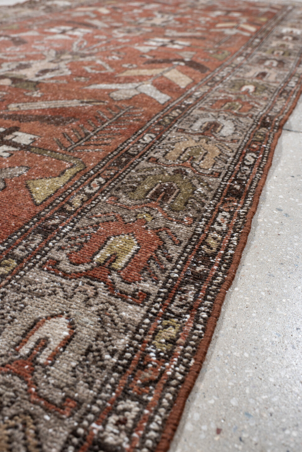 3' x 9' one-of-a-kind handmade vintage Hamadan runner rug. Color palette: rust, ivory, brown, taupe, olive, camel, charcoal